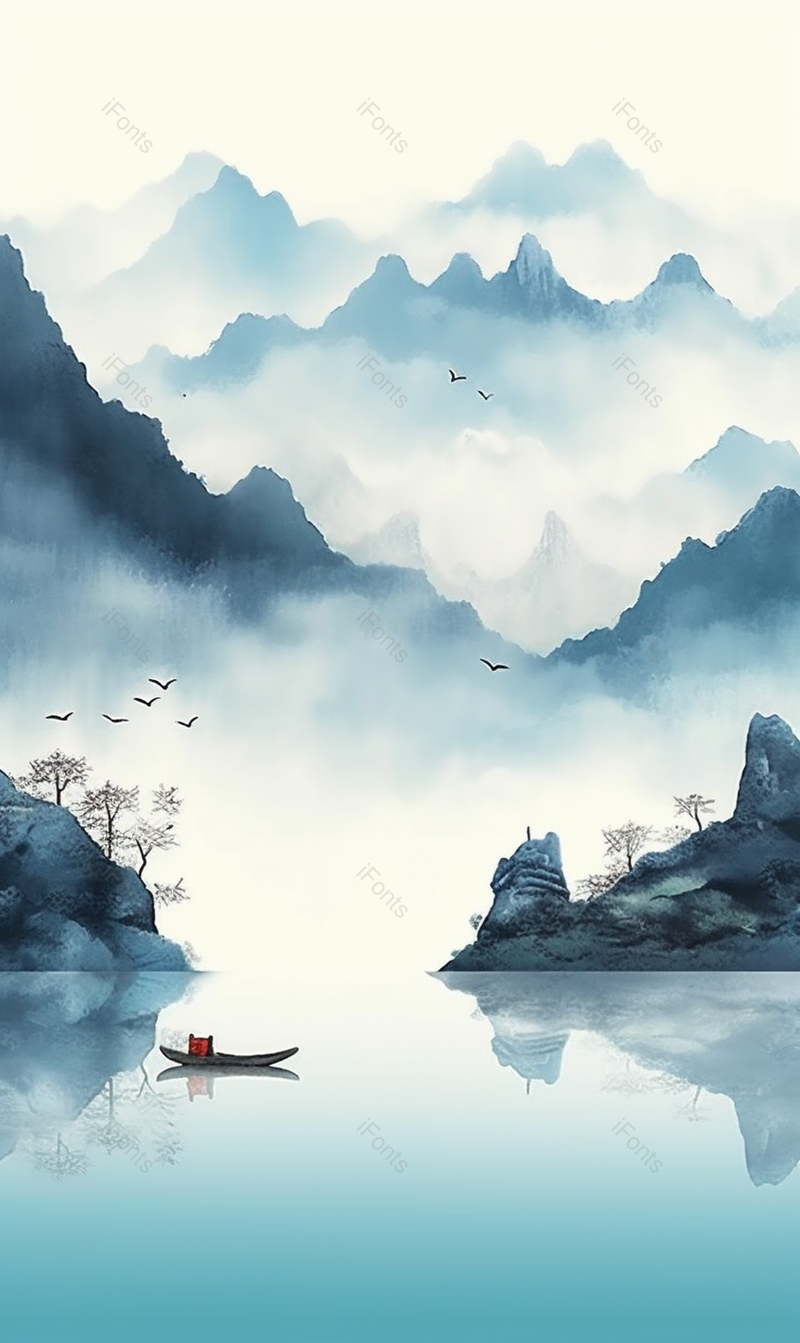 蓝色意境层叠山峰云雾树木飞鸟一叶扁舟山水,插画/手绘图,插画/手绘图库,插画/手绘图下载,插画/手绘